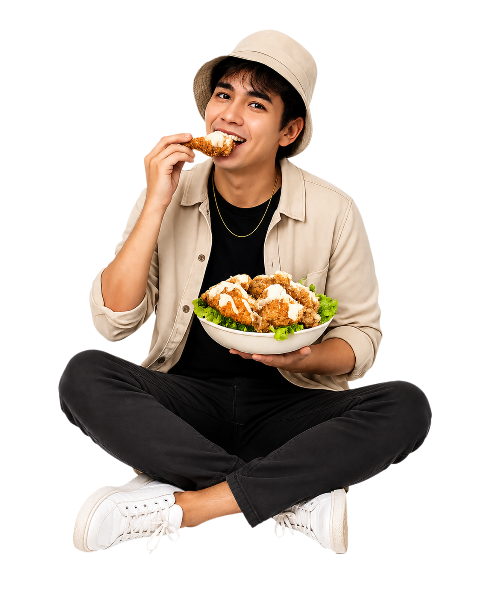 Young man enjoying crispy chicken with Chili's Food