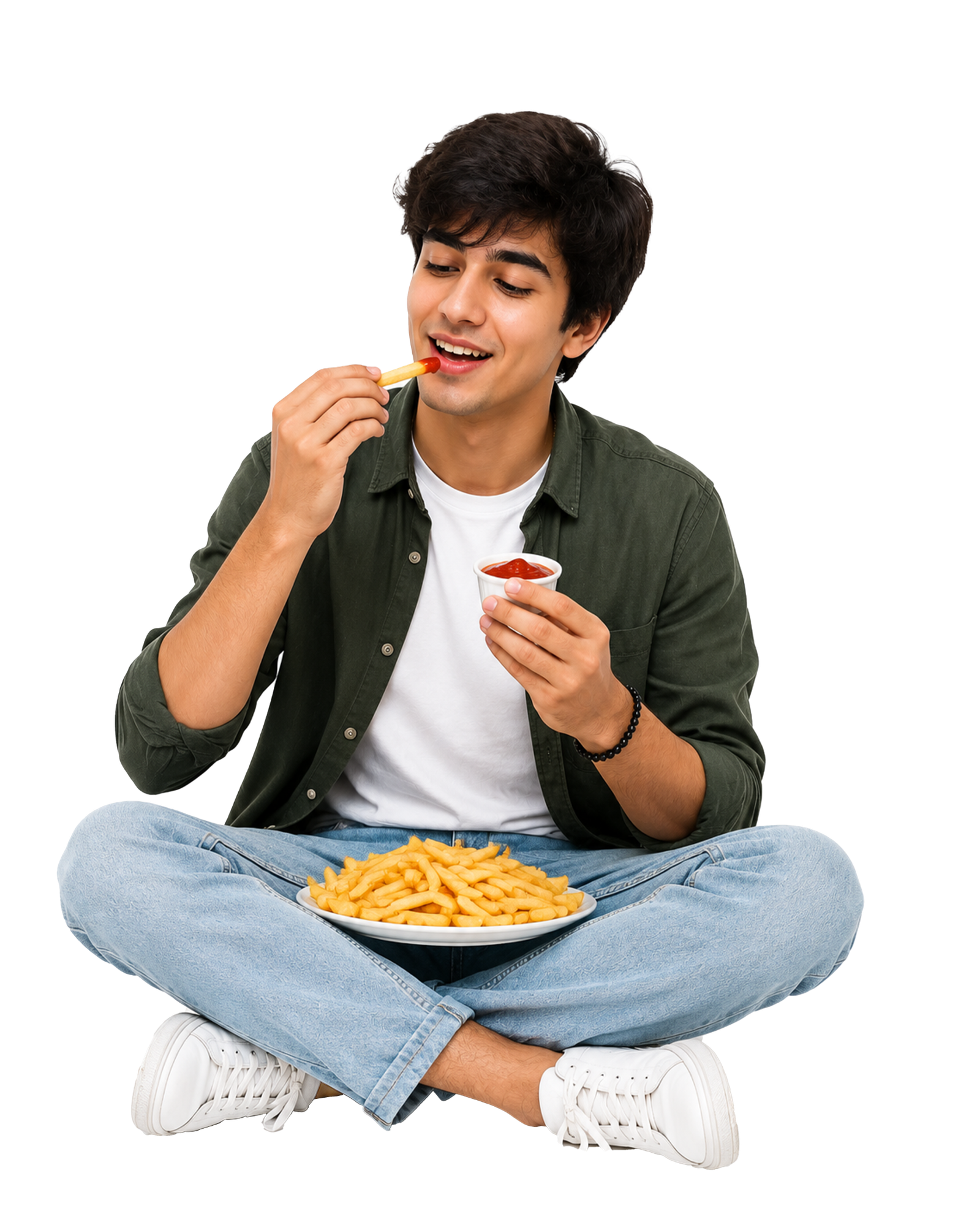 Young man enjoying fries with ketchup